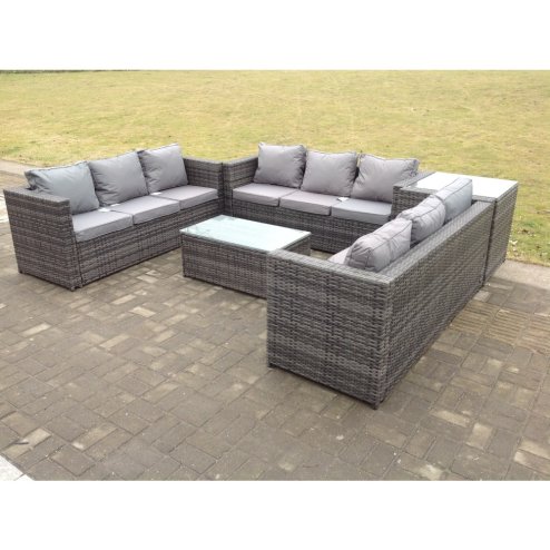 Fimous Outdoor Rattan Garden Furniture Lounge Sofa Set With Oblong Coffee Table And Side Tall High Table