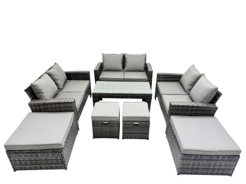 Fimous Outdoor Love Sofa Set 10 Seat Rattan Garden Furniture Set with Oblong Coffee Table 4 Stools Dark Grey Mixed