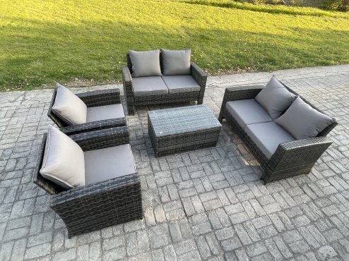 Fimous Garden Furniture Sets 5 Pieces Outdoor Rattan Furniture Manual Wicker Patio Sofa Chair Set with Coffee Table Dark Grey Mixed