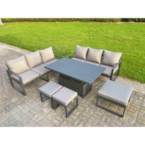 Fimous 7 Pieces Garden Furniture Set Aluminium Adjustable Rising Lifting Dining Table and Sofa Set with 2 Side Tables 2 Small Footstools Dark Grey