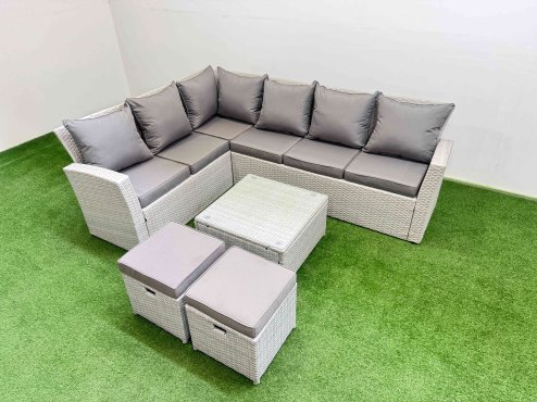 Fimous Outdoor Rattan Garden Furniture Set 8 Seater Corner Sofa Sets with Square Coffee Table 2 Small Footstools Light Grey Mixed