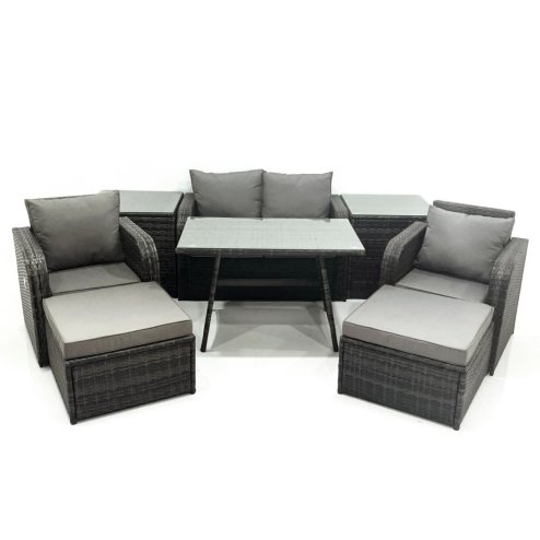 Fimous Outdoor Garden Furniture Set Rattan Sofa Dining Table Set with Reclining Chair 2 Big Footstool 2 Side Tables Dark Grey Mixed
