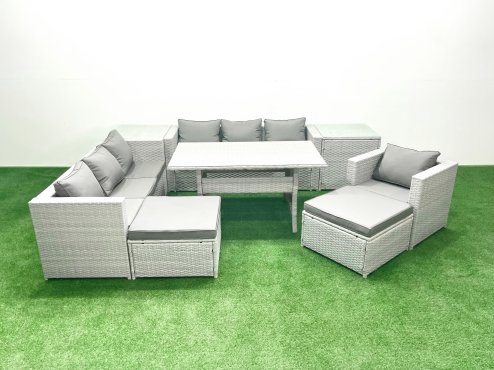 Fimous 9 Pieces Outdoor Rattan Sofa Set with Cushions Patio Garden Furniture Sets with Armchair Dining Table 2 Side Tables 2 Big Footstools