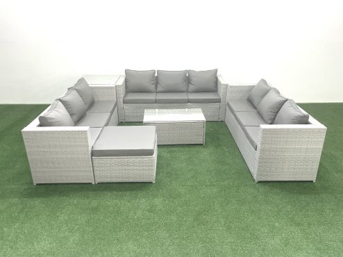 Fimous Rattan Garden Outdoor Furniture Set 10 Seater Garden Sofa Coffee Table Set with Big Footstool Side Table Light Grey Mixed