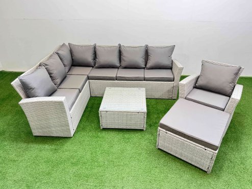 Fimous Outdoor Rattan Garden Furniture Set 8 Seater Corner Sofa Sets with Square Coffee Table Chair Big Footstool Light Grey Mixed