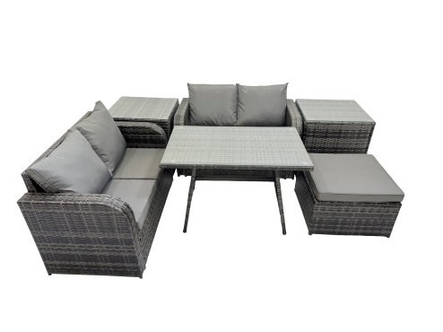 Fimous 5 Seater Garden Outdoor Rattan Furniture Set Rattan Sofa Oblong Dining Table with 2 Side Table Dark Grey