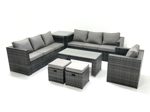 Fimous Rattan Garden Furniture Set Outdoor 9 Seater Patio Conversation Sets with Glass Top Coffee Table Stool Side Table