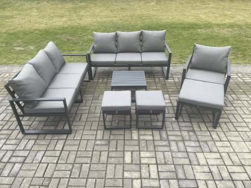 Fimous Aluminium Outdoor Lounge Sofa Set Garden Furniture Sets with Square Coffee Table Chair 3 Footstools Dark Grey