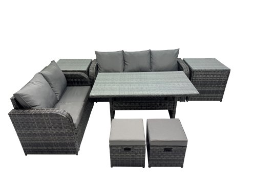 Fimous 7 Seat Outdoor Wicker PE Rattan Garden Furniture Set Dining Table Sofa Sets with 2 Side Tables Small Stool Dark Grey Mixed