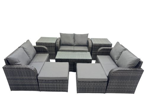 Fimous 3 Seater Sofa Reclining Chair Coffee Table Set Rattan Garden Outdoor Furniture Set with 2 Side Table 2 Big Footstools Dark Grey Mixed