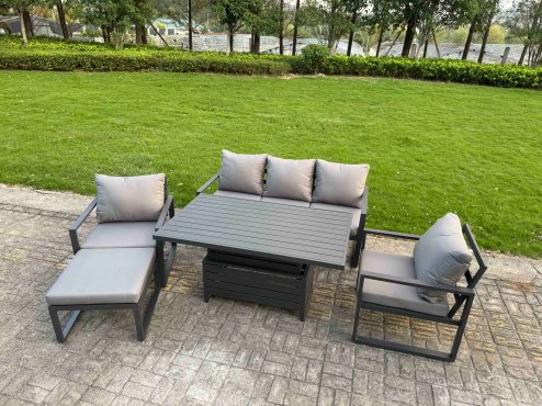 Fimous 6-Piece Aluminium Garden Furniture Sets 5 Seater Outdoor Sofa Set with Adjustable Rising Lifting Dining Table 2 Chairs 2 Side Tables