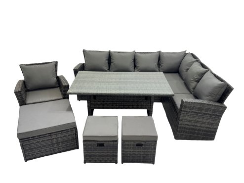 Fimous Rattan Garden Furniture Set Outdoor 10 Seater Patio Dining Corner Sofa Sets with Dining Table Chair Dark Grey Mixed