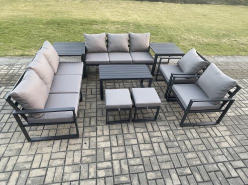 Fimous Aluminium Outdoor Garden Furniture Lounge Sofa 2 PC Chairs Oblong Coffee Table Sets with 2 Side Tables 2 Small Footstool Dark Grey