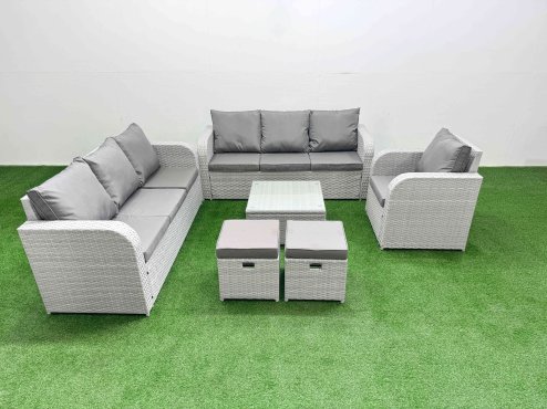 Fimous 9 Seater Poly Rattan Outdoor Garden Furniture Square Coffee Table Sofa Set Patio 3 Seater Sofa Reclining Chair 3 Seater Sofa Stools Light Grey Image