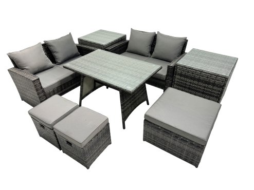 Fimous 7 Seater Wicker PE Rattan Furniture Outdoor Dining Table Double Seat Sofa 3 Stools 2 Side Table Set Dark Grey Mixed