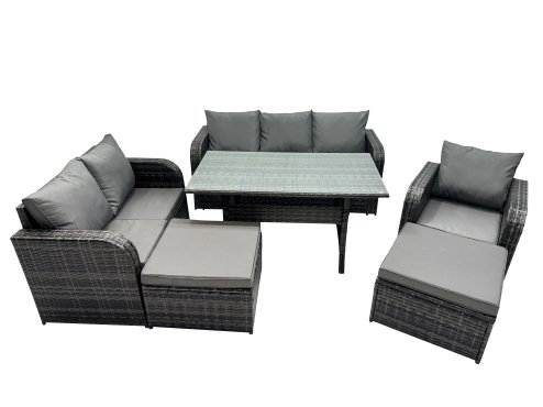 Fimous 8 Seat Outdoor Wicker PE Rattan Garden Furniture Set Dining Table Sofa Set with 2 Big Stools Dark Grey Mixed