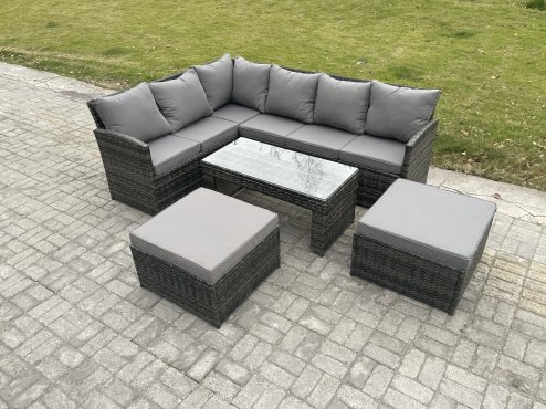 Fimous Rattan Garden Furniture Sets High Back Corner Sofa Oblong Coffee Table Set with 2 Big Footstool Dark Grey Mixed