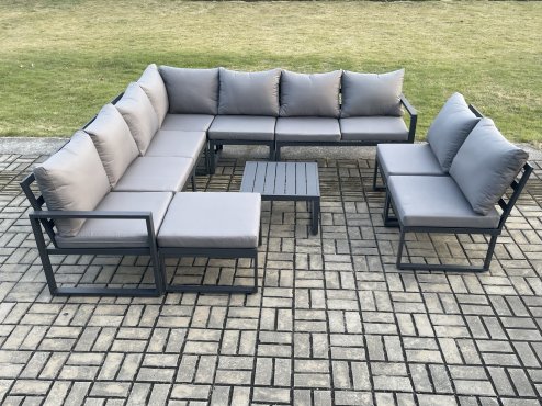 Fimous 10 Seater Patio Outdoor Garden Furniture Aluminium Lounge Corner Sofa Set with Square Coffee Table with Big Footstool Dark Grey