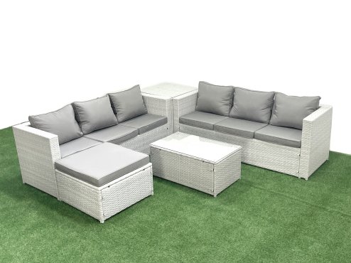 Fimous Garden Outdoor PE Rattan Furniture Set 7 Seater Rattan Garden Sofa Set with Big Footstool Side Table Light Grey Mixed Image