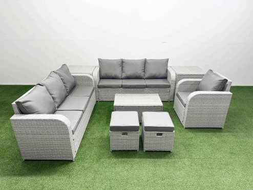 Fimous 9 Seater Poly Rattan Outdoor Garden Furniture Sofa Set Patio 3 Seater Sofa Reclining Chair 3 Seater Sofa Stools 2 Side Table Light Grey Image