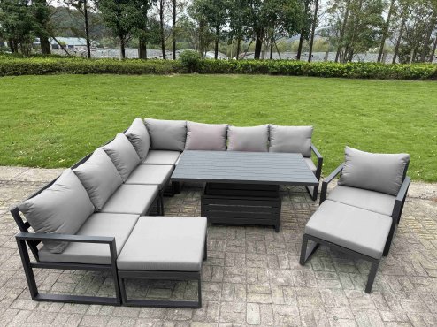 Fimous 9 Seater Aluminium Sofa Set 8 Pieces Outdoor Garden Furniture - Rising Dining Table with Cushions Dark Grey