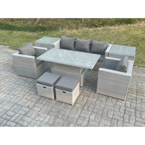 Fimous Rattan Garden Funiture Set Adjustable Rising Lifting Table Sofa Dining Set With 2 Arm Chair 2 Side Table Stools