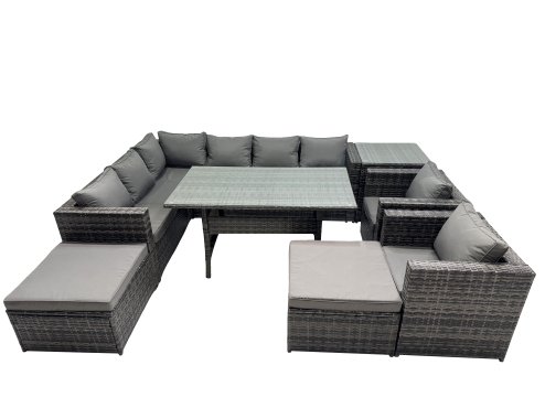 Fimous Outdoor PE Rattan Sofa Set with Dining Table Patio Garden Furniture Sets with 2 Big Stool Side Table Dark Grey Mixed