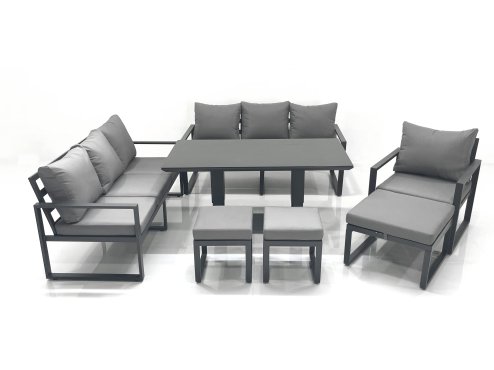 Fimous Outdoor Garden Furniture Set Aluminium Lounge Sofa Adjustable Rising Lifting Dining Table Sets with 3 Footstools Dark Grey