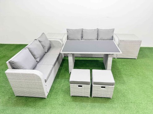 Fimous 8 Seater Rattan Outdoor Dining Table 3 Seater Sofa Set with 2 Side Tables 2 Small Stools Light Grey