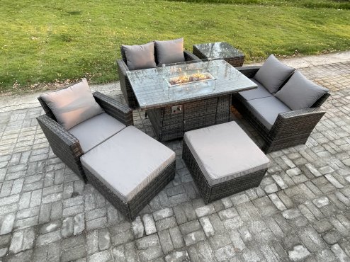 Fimous 7 Seater Rattan Outdoor Garden Furniture Gas Fire Pit Table Sets Gas Heater with Love Sofa Armchair 2 Big Footstool Side Table Dark Mixed Grey