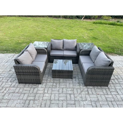 Fimous Outdoor Garden Furniture Sets 6 Seater Wicker Rattan Furniture Sofa Sets with Square Coffee Table Love seat Sofa 2 Side Tables