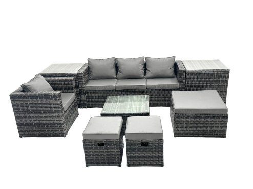 Fimous Outdoor Rattan Garden Furniture Set 7 Seater Patio Lounge Sofa Set with Armchair Square Coffee Table 2 Side Tables 3 Footstools Dark Grey Mixed
