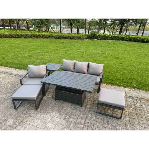 Fimous 5-Piece Aluminium Garden Furniture Sets 6 Seater Outdoor Conversational Dining Set with Adjustable Rising Lifting Dining Table