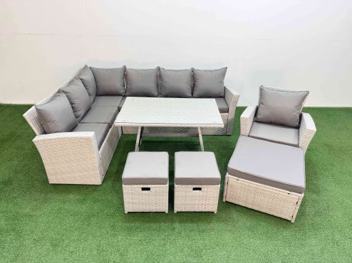 Fimous Garden Outdoor Rattan Furniture Set Rattan Corner Sofa Oblong Dining Table with Armchair 3 Footstools Light Grey Mixed 10 Seater