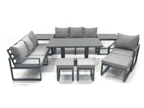 Fimous Outdoor Garden Furniture Set Aluminium Lounge Sofa Adjustable Rising Lifting Dining Table Sets with 3 Footstools 2 Side Tables Dark Grey