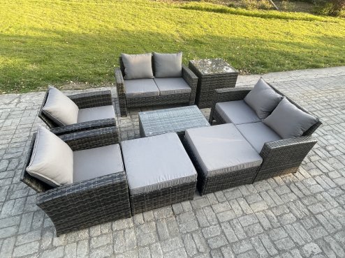 Fimous Garden Furniture Sets 8 Pieces Outdoor Rattan Furniture Manual Wicker Patio Sofa Chair Set with Coffee Table 2 Big Footstool Side Table Dark Grey Mixed