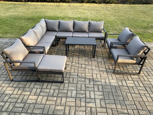 Fimous Aluminium Garden Furniture Set Outdoor Indoor Lounge Corner Sofa 3 Pcs Chair Oblong Coffee Table Sets with Big Footstool Dark Grey