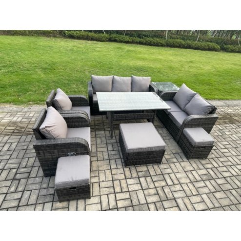 Fimous 10 Seater Garden Rattan Furniture Dining Table Sofa Set Indoor Outdoor with 2 Reclining Chairs Side Table 3 Footstools Dark Grey Mixed