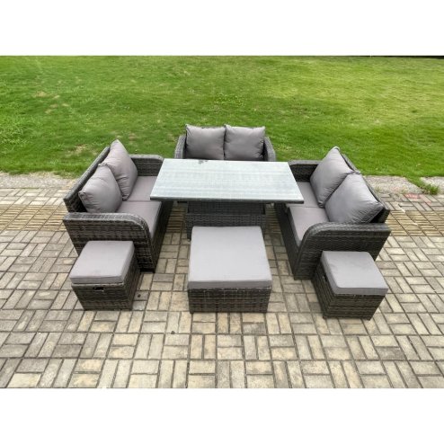 Fimous Rattan Garden Outdoor Furniture 3 PC Love Sofa Set Adjustable Rising lifting Dining Table With 3 Footstools