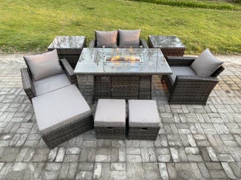 Fimous Outdoor Garden Dining Sets 7 Seater Rattan Patio Furniture Sofa Set with Gas Firepit Table 3 Footstools 2 Side Tables Dark Grey Mixed
