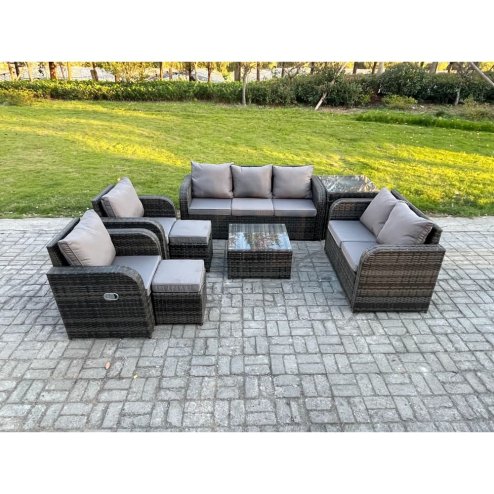 Fimous 9 Seater Garden Furniture Set Rattan Outdoor Lounge Sofa Chair With Tempered Glass Table Side Table 2 Small Footstools Dark Grey Mixed