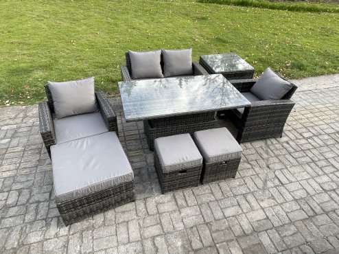 Fimous High Back Rattan Garden Furniture Sofa Sets with Height Adjustable Rising Lifting Table Side Table 3 Footstools Dark Grey Mixed