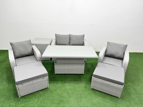 Fimous Light Grey PE Wicker Rattan Garden Furniture Set Sofa Set Reclining Chair Adjustable Lifting Dining or Coffee Table 6 Seater 2 Big Stools Side Table