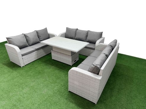 Fimous PE Rattan Lounge Sofa Set 9 Seater Outdoor Garden Furniture Set with Adjustable Lifting Dining or Coffee Table 3 Seater Sofa Light Grey