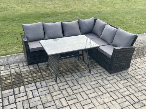 Fimous Outdoor Furniture Garden Dining Set Rattan Corner Sofa Set Rectangular Dining Table with Temper Glass Dark Grey Mixed