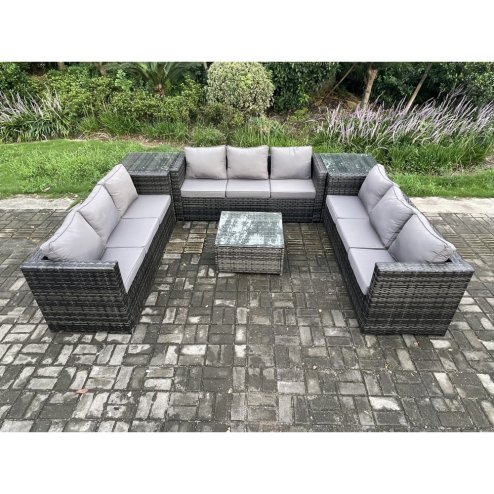 Fimous 9 Seater Rattan Garden Furniture Set Patio Outdoor Lounge Sofa Set with 2 Side Tables Square Coffee Table Dark Grey Mixed