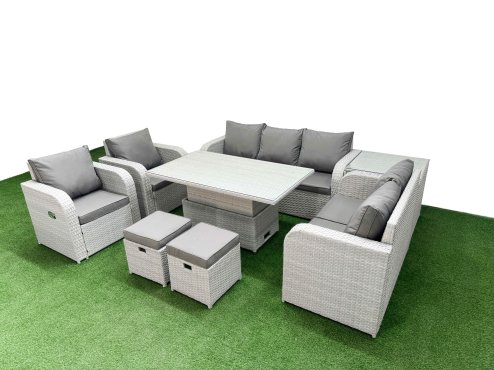 Fimous PE Rattan Garden Furniture Set Reclining Chair Sofa Double Love Seat 2 Seater Sofa Lounge Set Adjustable Lifting Dining or Coffee Table 2 Stools Side Table Light Grey Image