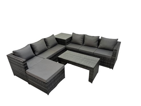 Fimous Garden Rattan Outdoor Furniture Set 7 Seater Patio Corner Sofa Oblong Coffee Table with Big Stool Side Table Dark Grey