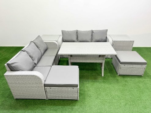 Fimous Outdoor Garden Furniture Sets 8 Seater Wicker Rattan Furniture Sofa Sets with Rectangular Dining Table high Back Lounge Sofa 2 Big Footstool 2 Side Table Light Grey