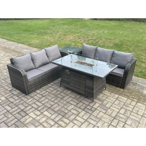 Fimous Rattan Garden Furniture Set with Fire Pit Table 4 Pieces Outdoor Patio Lounge Sofa Set Dark Grey Mixed